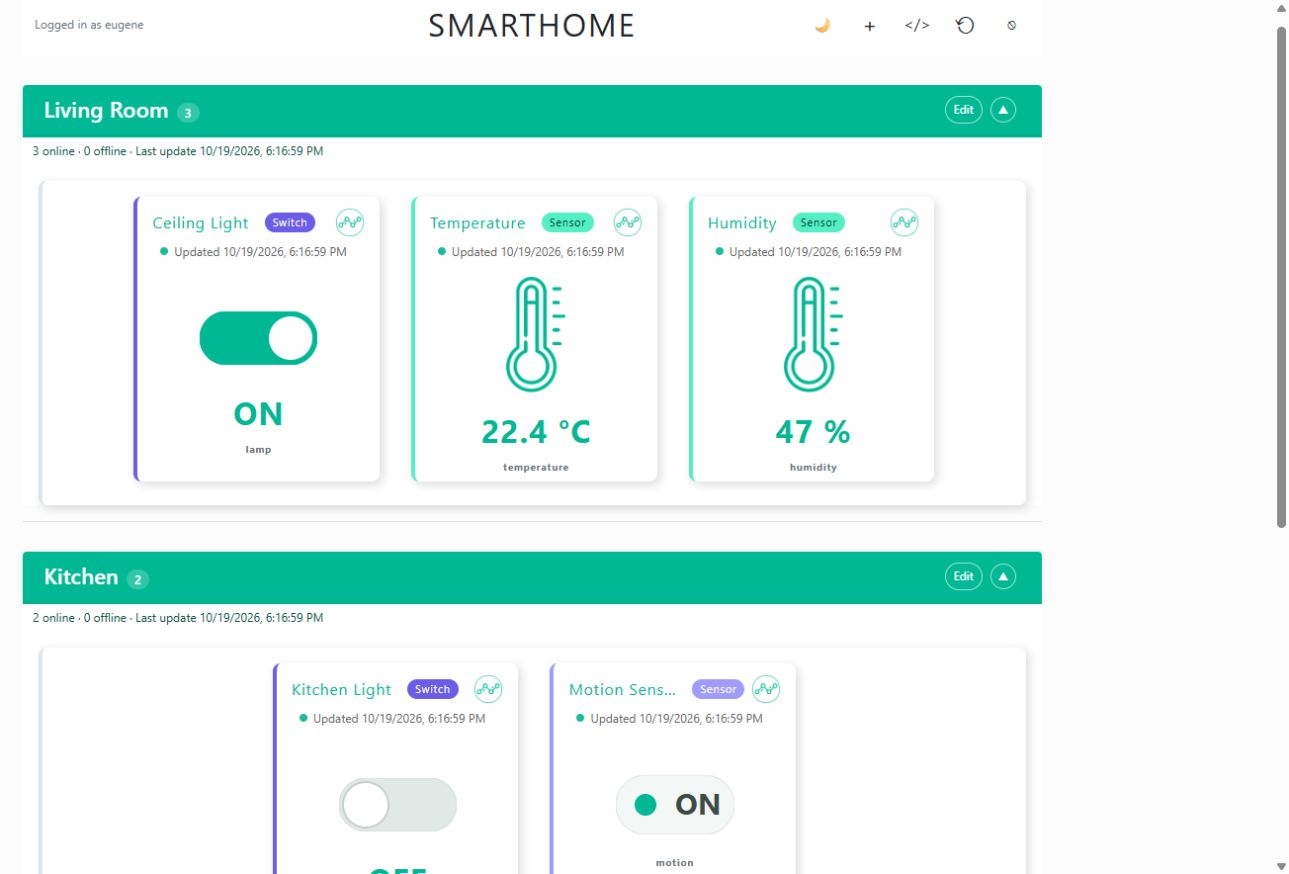 Smart Home dashboard with sample living room and kitchen devices